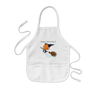 Happy Halloween Witch Pumpkin Flying Broom - Funny Kids Apron