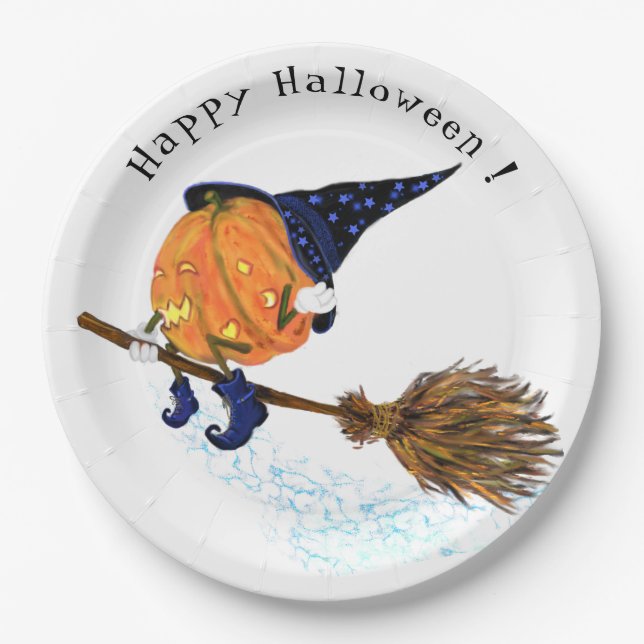 Happy Halloween Witch Pumpkin Flying Broom - Funny Paper Plate (Front)