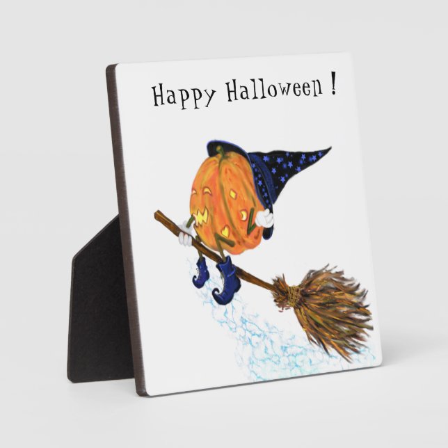 Happy Halloween Witch Pumpkin Flying Broom - Funny Plaque (Front)
