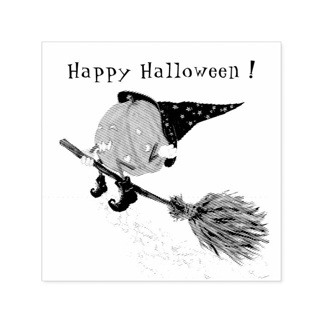 Happy Halloween Witch Pumpkin Flying Broom - Funny Self-inking Stamp (Design)