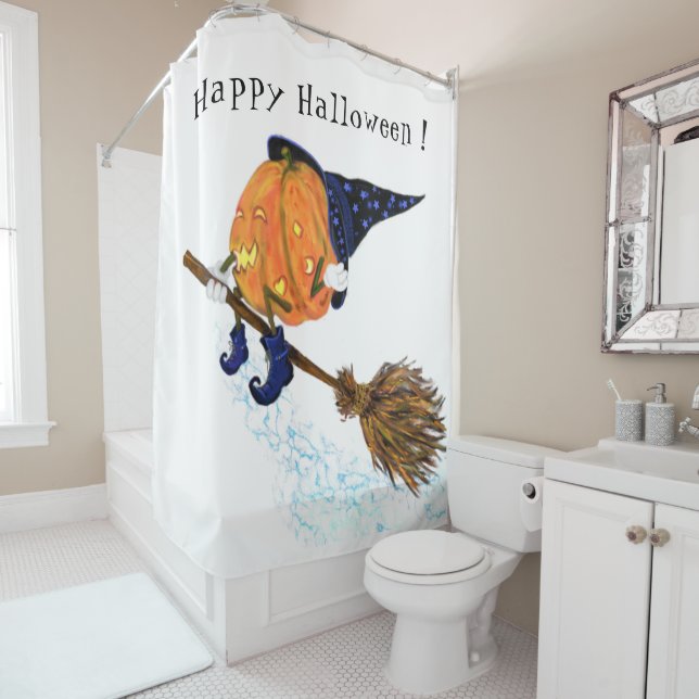 Happy Halloween Witch Pumpkin Flying Broom - Funny Shower Curtain (In Situ)
