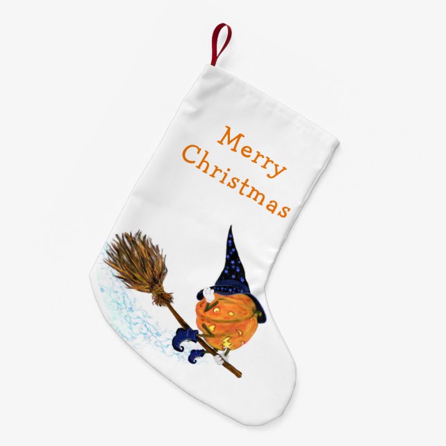 Happy Halloween Witch Pumpkin Flying Broom - Funny Small Christmas Stocking (Front (Hanging))