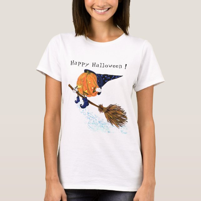 Happy Halloween Witch Pumpkin Flying Broom - Funny T-Shirt (Front)