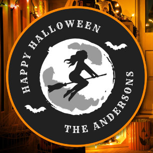 Happy Halloween Witch Riding Broom Custom Name Classic Round Sticker