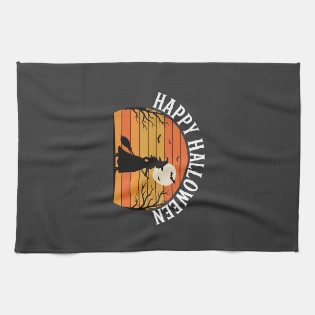 Happy Halloween Witch Sunset Design_1 Tea Towel (Horizontal)