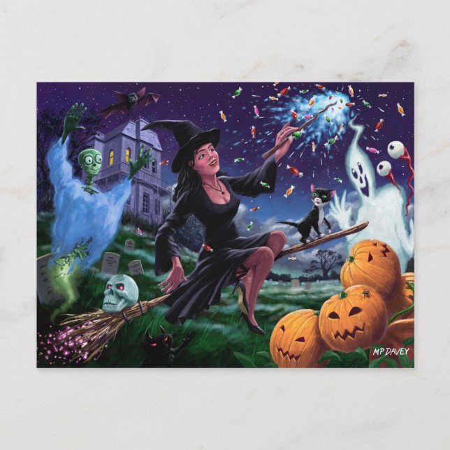 Happy Halloween Witch With Graveyard Friends Postcard (Front)