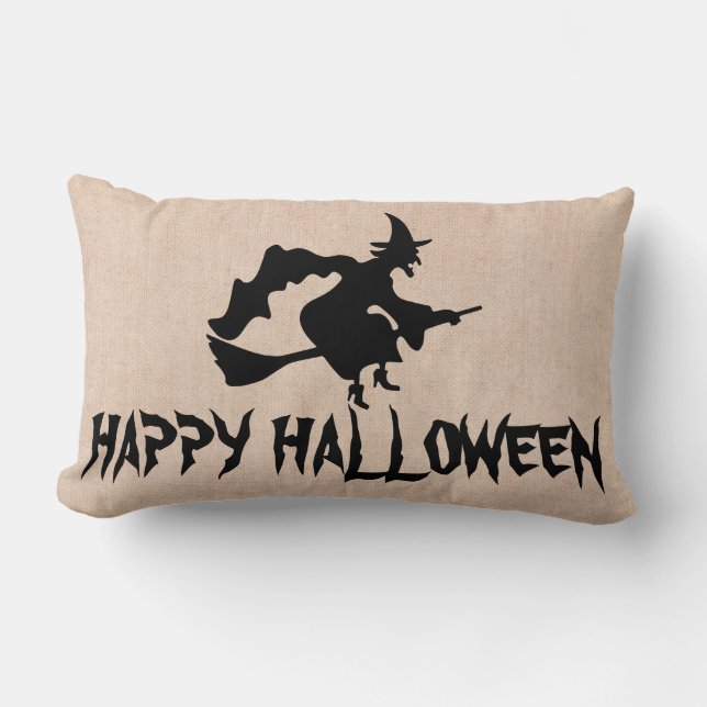 Happy Halloween Witch with her Broom Burlap Throw Lumbar Cushion (Front)