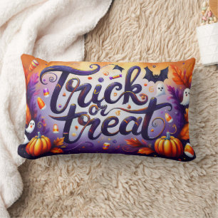 Happy Halloween Witch with her Broom Orange Throw Lumbar Cushion