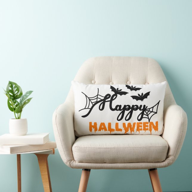 Happy Halloween Witch with her Broom Orange Throw Lumbar Cushion (Chair)