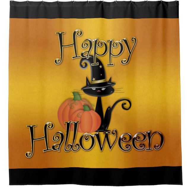 Happy Halloween Witches Cat Shower Curtain (Front)