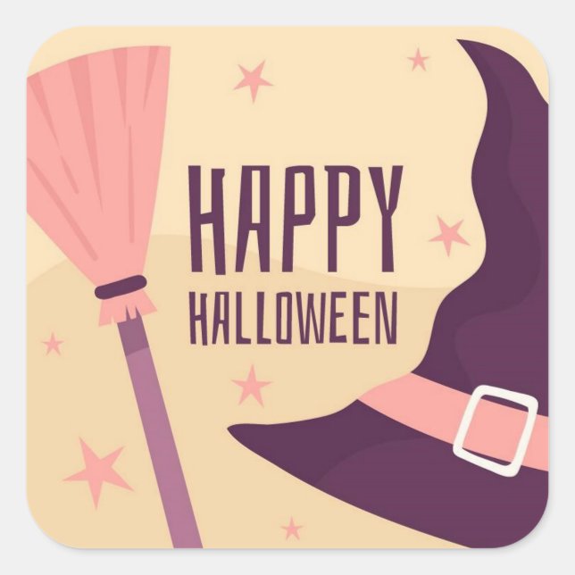 Happy Halloween Witches Hat and Broom Square Sticker (Front)