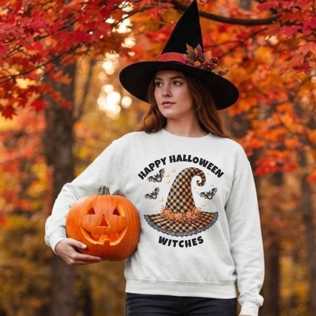 Happy Halloween Witches Hat Orange & Black Gingham Sweatshirt (Creator Uploaded)