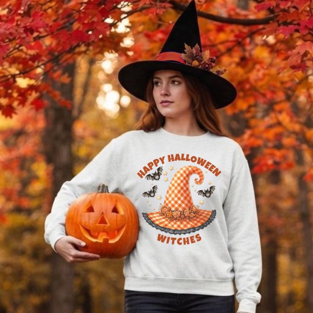 Happy Halloween Witches Orange Gingham Witch Hat Sweatshirt (Creator Uploaded)