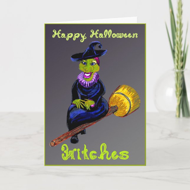 Happy Halloween Witches Witch On Broomstick  Card (Front)
