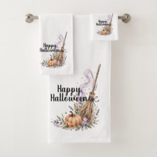 Happy Halloween Witch's Broom & Pumpkin Bath Towel