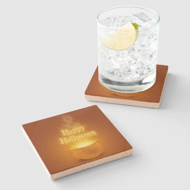 Happy Halloween Witch's Cauldron Stone Coaster (Side)