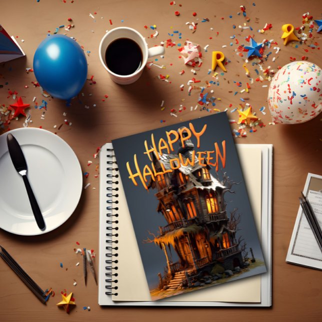 Happy Halloween Witch's House Thank You Card (A Happy Halloween card lies on top of a table with celebration items surrounding it.)