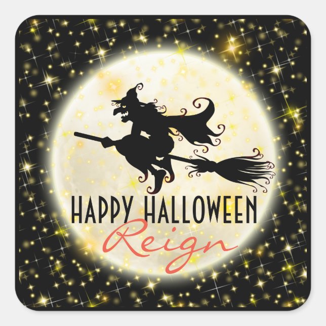Happy Halloween Witch's Ride Moon Glitter Stickers (Front)