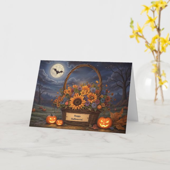 Happy Halloween with Basket of Fall Flowers   Card (Yellow Flower)