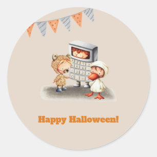Happy Halloween with bear, duck and calculator kid Classic Round Sticker