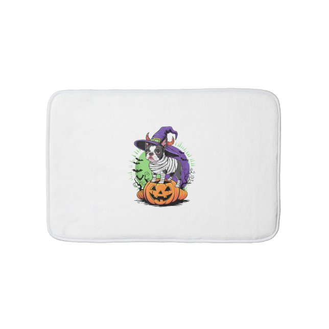 Happy Halloween with Boston Terrier Mummy & Witch  Bath Mat (Front)