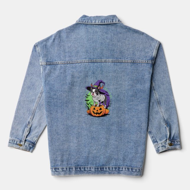 Happy Halloween with Boston Terrier Mummy & Witch  Denim Jacket (Back)