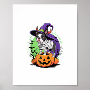 Happy Halloween with Boston Terrier Mummy & Witch Poster