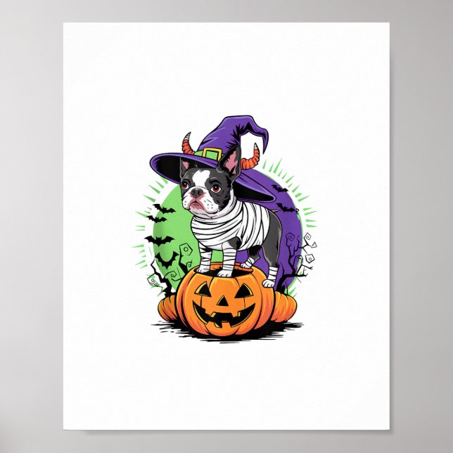 Happy Halloween with Boston Terrier Mummy & Witch  Poster (Front)