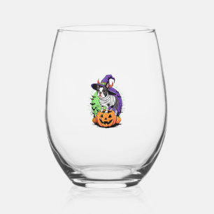 Happy Halloween with Boston Terrier Mummy & Witch Stemless Wine Glass