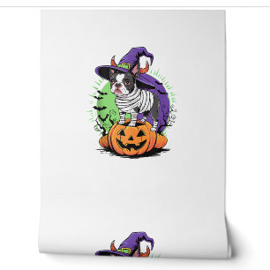 Happy Halloween with Boston Terrier Mummy & Witch Wallpaper