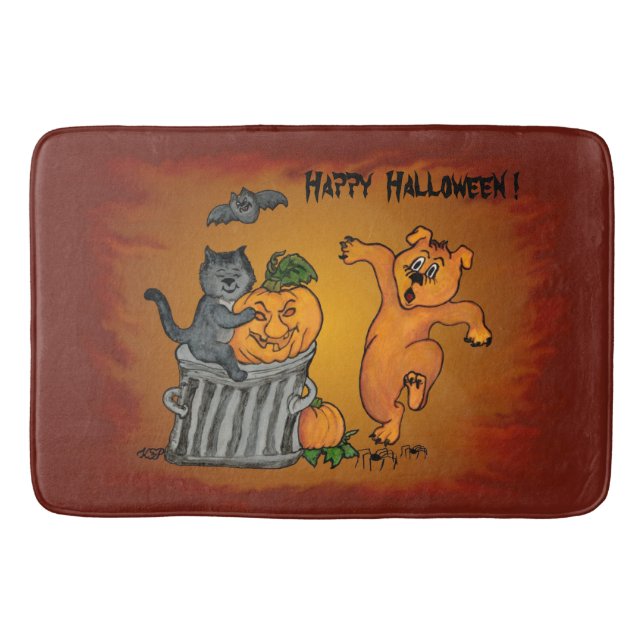 Happy Halloween with Cat Bat Dog and Spider Bath Mat (Front)