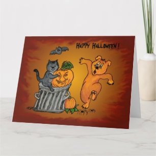 Happy Halloween with Cat Bat Dog and Spider Card