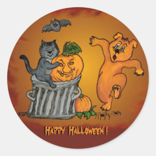 Happy Halloween with Cat Bat Dog and Spider Classic Round Sticker
