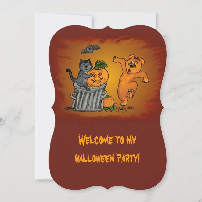 Happy Halloween with Cat Bat Dog and Spider Invitation (Front)