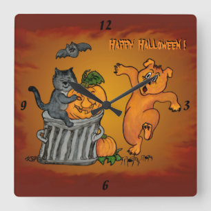 Happy Halloween with Cat Bat Dog and Spider Square Wall Clock