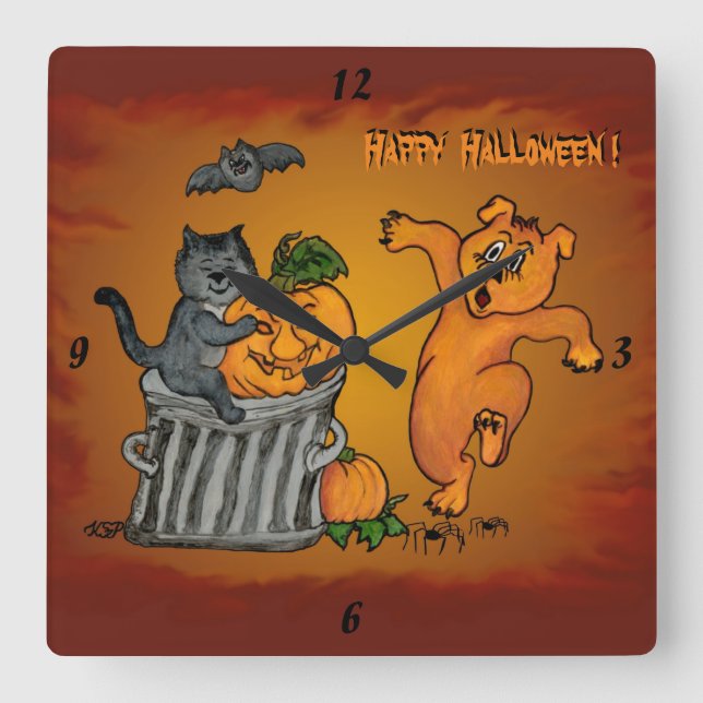 Happy Halloween with Cat Bat Dog and Spider Square Wall Clock (Front)