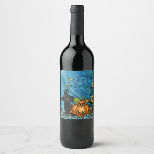 Happy Halloween with funny cat Wine Label (Front)