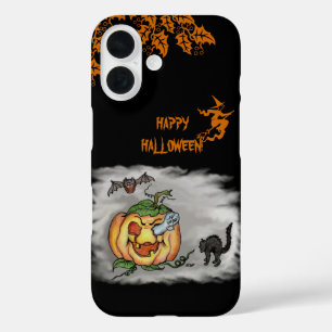 Happy Halloween with Ghost Cat Bat Pumpkin iPhone 16 Case