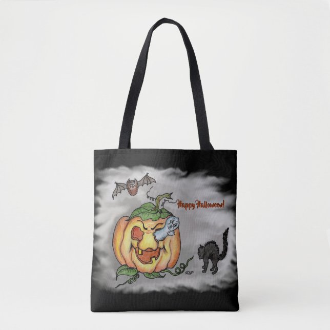 Happy Halloween with Ghost Cat Bat Pumpkin Tote Bag (Front)