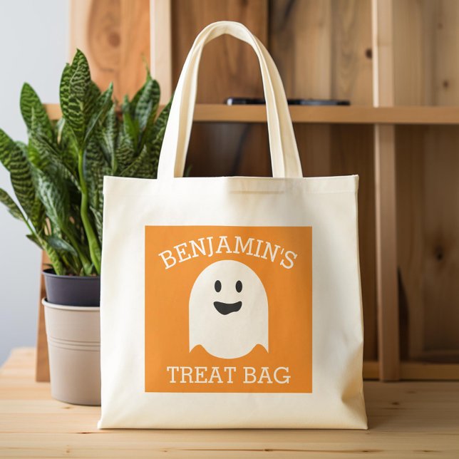 Happy Halloween with Name Cute Ghost Treat Tote Bag (Custom Tote Bag)