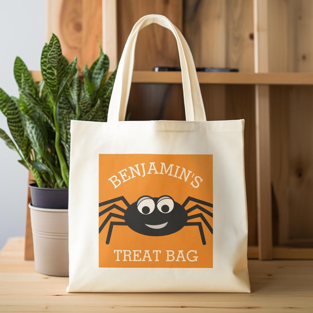 Happy Halloween with Name Cute Spider Treat Tote Bag (Custom Tote Bag)