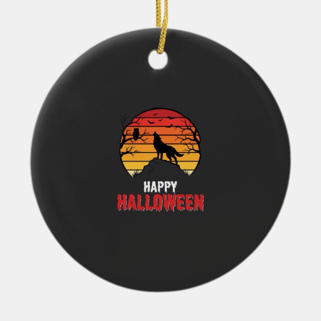 Happy Halloween Wolf Sunset Vector Ceramic Tree Decoration (Front)