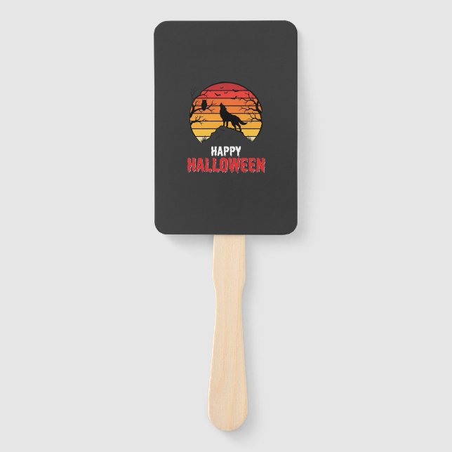 Happy Halloween Wolf Sunset Vector Hand Fan (Front)