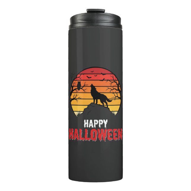 Happy Halloween Wolf Sunset Vector Thermal Tumbler (Front)