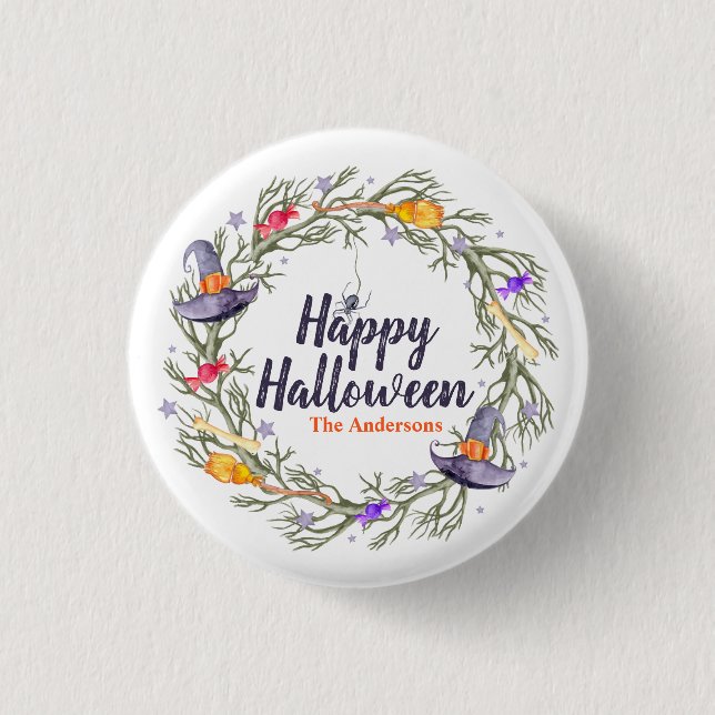Happy Halloween Wreath Personalised | Pin Button (Front)