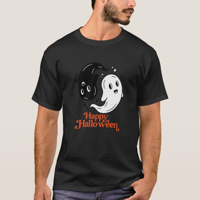 Happy Halloween Yin and Yang Black and White Ghost T-Shirt (Front)