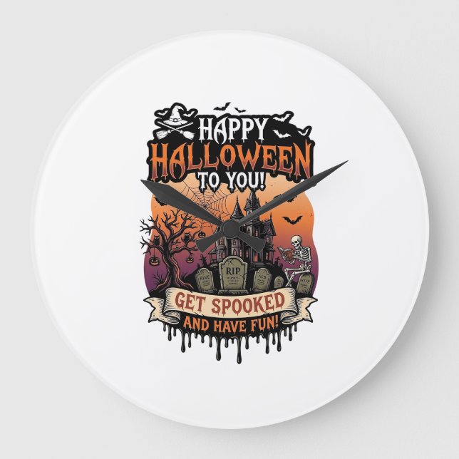 Happy Halloween You Haunted House Skeleton Bats_1 Large Clock (Front)