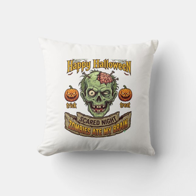 Happy Halloween Zombies Ate Brain Zombie Head Pump Cushion (Front)