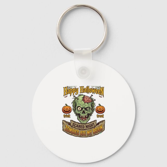 Happy Halloween Zombies Ate Brain Zombie Head Pump Key Ring (Front)