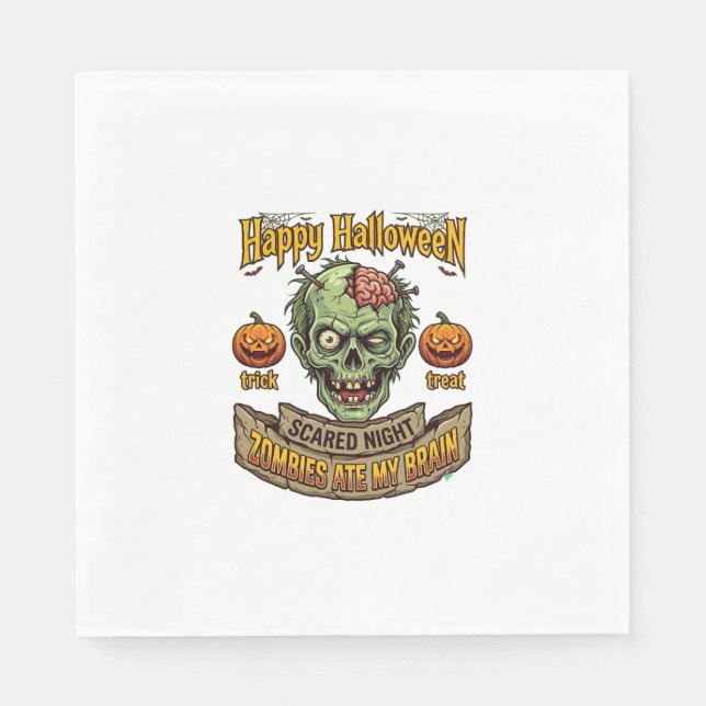 Happy Halloween Zombies Ate Brain Zombie Head Pump Napkin (Front)